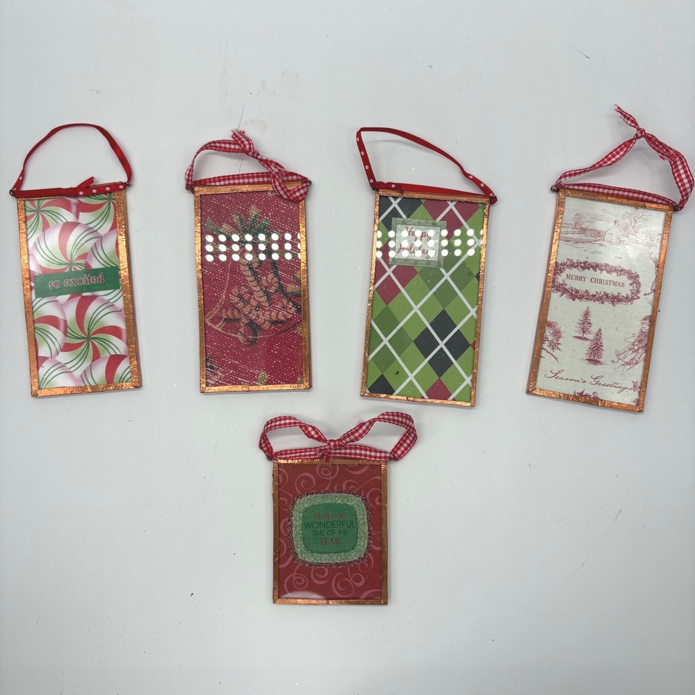 Handmade Copper Edged Glass Christmas Ornaments Set 5 Double-sided Holiday Decor